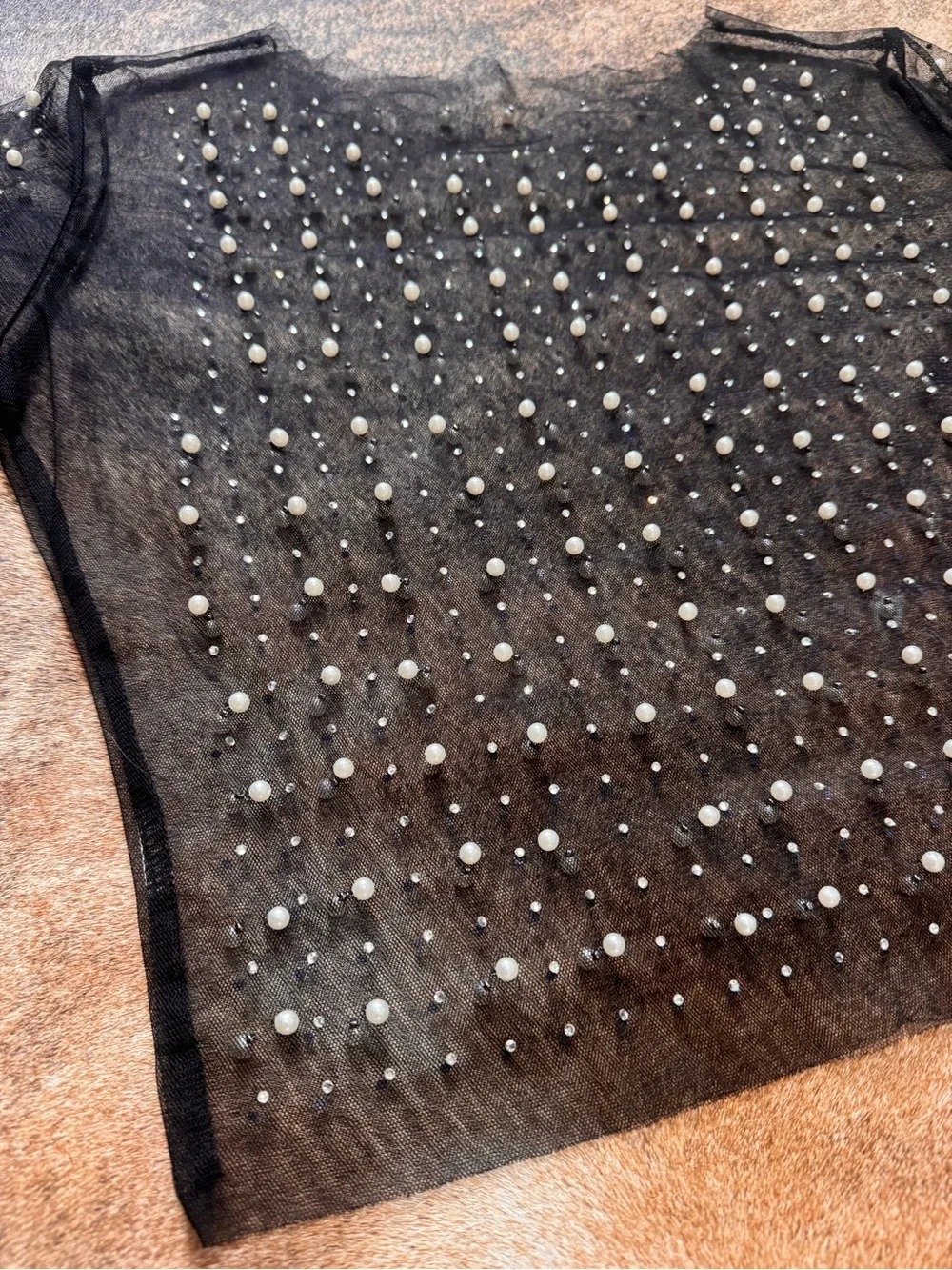 Sheer Pearl-Embellished Crop Top - Black
